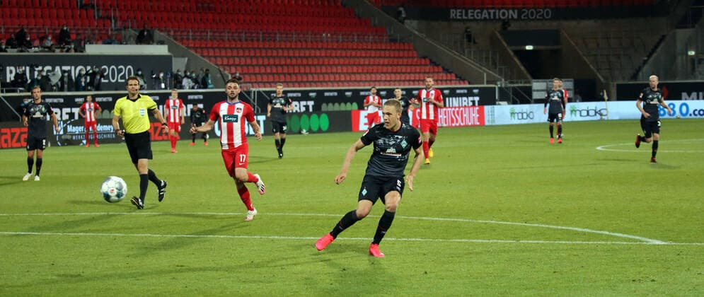 Relegation 1 FC Heidenheim SV Werder Bremen Ludwig Augustinsson SV Werder Bremen Tor 1 2 Augustinsson Germany, Heidenheim, 06 07 2020, Football, Bundesliga, Season 2019 2020, Relegation, 1 FC Heidenheim SSV Jahn Regensburg DFL DFB REGULATIONS PROHIBIT ANY USE OF PHOTOGRAPHS AS IMAGE AND OR QUASI VIDEO Photo Press Photo Herd Robin Herd Pool Press Photo Herd Heidenheim Herd Baden Württemberg Germany Poolfoto Pressefoto Rudel Robin Rudel Poo ,EDITORIAL USE ONLY
