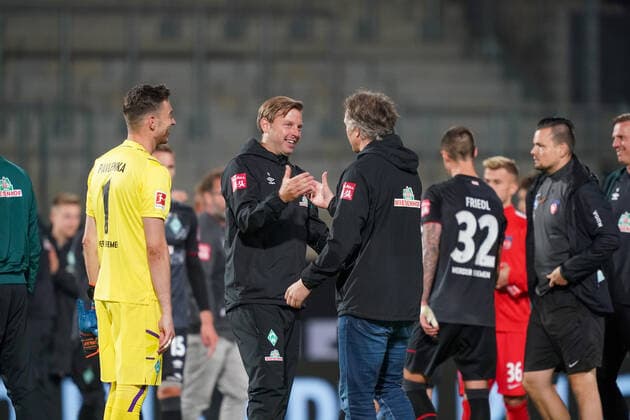 1 FC Heidenheim vs SV Werder Bremen Relegation 02 06 07 2020 Florian Kohfeldt Trainer SV Werder Bremen , Frank Baumann Managing Director Football Werder Bremen , Jiri Pavlenka Werder Bremen 01 Sport nphgm001 Football 1 Bundesliga Season 19 20 Relegation 02 1 FC Heidenheim vs SV Werder Bremen 06 07 2020 Foto gumzmedia nordphoto POOL DFL regulations prohibit any use of photographs as image sequences and or quasi video EDITORIAL USE ONLY National and international News Agencies OUT Heidenheim Voith Arena BW GERMANY Poolfoto gumzmedia nordphoto ,EDITORIAL USE ONLY