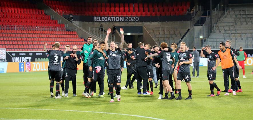 Relegation 1 FC Heidenheim SV Werder Bremen Jubilee SV Werder Bremen Germany, Heidenheim, 06 07 2020, Football, Bundesliga, Season 2019 2020, Relegation, 1 FC Heidenheim SSV Jahn Regensburg DFL DFB REGULATIONS PROHIBIT ANY USE OF PHOTOGRAPHS AS IMAGE AND OR QUASI VIDEO Photo Press Photo Rudel Robin Rudel Pool Press Photo Rudel Heidenheim Baden Württemberg Germany Poolfoto Pressefoto Rudel Robin Rudel Poo ,EDITORIAL USE ONLY