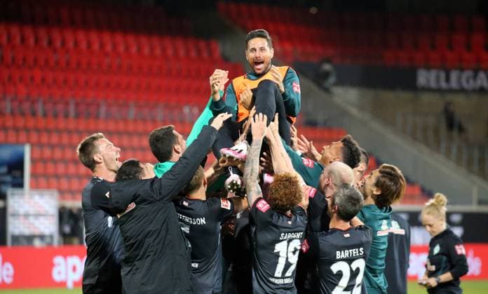 Relegation 1 FC Heidenheim SV Werder Bremen Claudio Pizarro SV Werder Bremen Germany, Heidenheim, 06 07 2020, Football, Bundesliga, Season 2019 2020, Relegation, 1 FC Heidenheim SSV Jahn Regensburg DFL DFB REGULATIONS PROHIBIT ANY USE OF PHOTOGRAPHS AS IMAGE AND OR QUASI VIDEO Photo Press Photo Rudel Robin Rudel Pool Press Photo Rudel Heidenheim Baden Württemberg Germany Poolfoto Pressefoto Rudel Robin Rudel Poo ,EDITORIAL USE ONLY