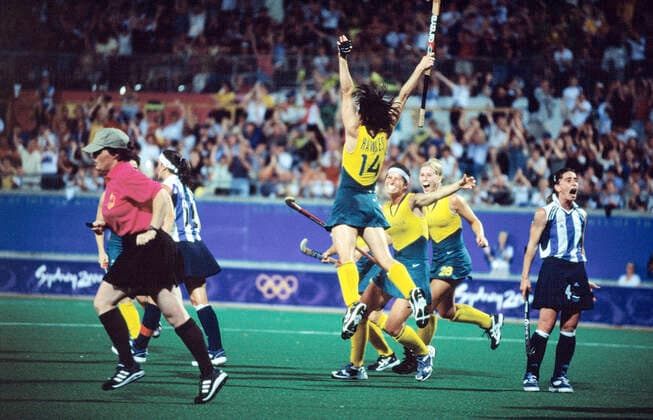 WOMENS HOCKEY, (HKO168) 30 September 2000, Sydney 2000 Olympic Games, Olympische Spiele, Olympia, OS Hockey, Womens. The Australian Hockeyroos, take gold with victory over Argentina (3-1), for a second time after winning gold in Atlanta four years ago. (pic) Rechelle Hawkes after scoring. (AAP IMAGE Dean Lewins) NO ARCHIVING, EDITORIAL USE ONLY,Â NO USE IN BOOKS WITHOUT CONSENT SYDNEY AUS  Copyright: xDEANxLEWINSx 0102234362st