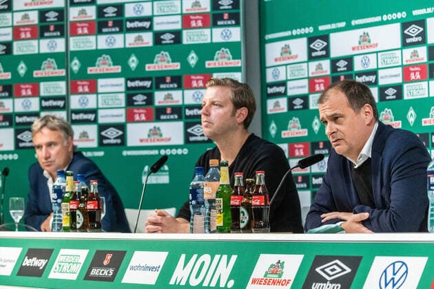 GER, Press conference of the management Werder Bremen 10 07 2020, PK Room in the east curve of the wohninvest Weserstadion, Bremen, GER, Press conference of the management Werder Bremen At the end of the 2019 2020 season, SV Werder Bremen invited to the PK a topic Results of the discussions about the review of the past Bundesliga season in the picture picture shows Marco Bode Chairman of the supervisory board SV Werder Bremen Florian Kohfeldt Coach SV Werder Bremen Klaus Filbry Chairman of the management Commercial director SV Werder Bremen nordphotox Kokenge nph00001