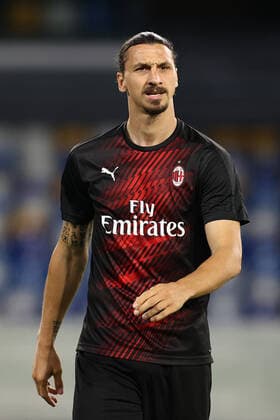 Zlatan Ibrahimovic of AC Milan during the warm up prior to the Serie A football match between SSC Napoli and AC Milan at stadio San Paolo in Naples ( Italy ), July 12th, 2020. Play resumes behind closed doors following the outbreak of the coronavirus disease. Photo Cesare Purini Insidefoto CesarexPurini