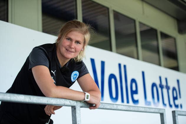 13 07 2020 Football, Regionalliga West, 2020 2021, portrait appointment Imke Wübbenhorst as coach of VfL Sportfreunde Lotte Imke Wübbenhorst in front of the sign Volle Lotte Photo Noah Wedel Lotte Nordrhein Westfalen Germany Stadium at Lotter Kreuz