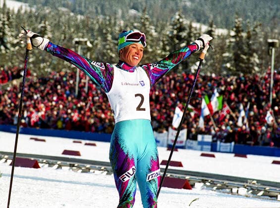 940217 Winter Olympics 1994, Cross country skiing: Silver medalist Manuela Di Centa of Italy celebrate after womens 10 Freestyle Pursuit at The Winter Olympic Games, Olympische Spiele, Olympia, OS on February 17, 1994 in Lillehammer, Norway. BILDBYRAN  Copyright: BILDBYRAN BB940217BB040