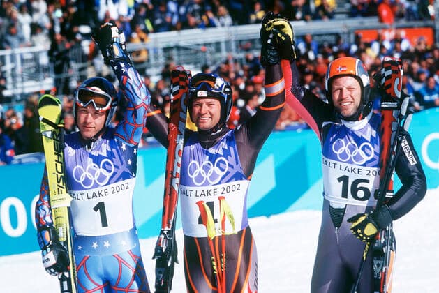 020215 Winter Olympics 2002, Alpine Skiing: Gold medalist Stephen Eberharter of Austria is flanked by silver medalist Bode Miller of USA (L) and bronze medalist Lasse Kjus of Norway after giant slalom at The Winter Olympic Games, Olympische Spiele, Olympia, OS on February 15, 2002 in Salt Lake City, USA. BILDBYRAN  Copyright: ANDREASxHILLERGREN BB020215BB144