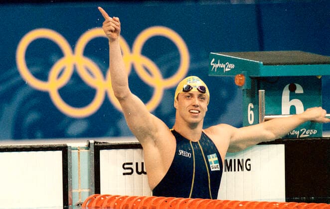 000922 Summer Olympics 2000, Swimming: Gold medalist Lars Frolander of Sweden celebrate after 100 m butterfly at The Summer Olympic Games, Olympische Spiele, Olympia, OS on September 22, 2000 in Sydney, Australia. BILDBYRAN  Copyright: BJORNxLINDGREN BB000922BB028