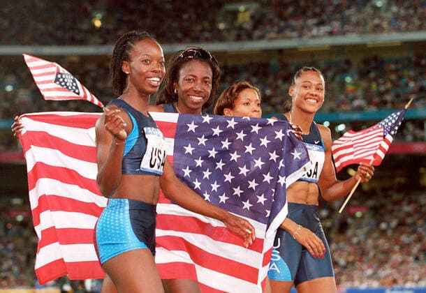 000930 Summer Olympics 2000, Athletics: Gold medalists Jearl Miles-Clark, Monique Hennagan, LaTasha Colander and Marion Jones (later stripped of her medal because of doping) of USA react after womens 4x400m relay at The Summer Olympic Games, Olympische Spiele, Olympia, OS on September 30, 2000 in Sydney, Australia. BILDBYRAN  Copyright: BJORNxLINDGREN BB000930BB043