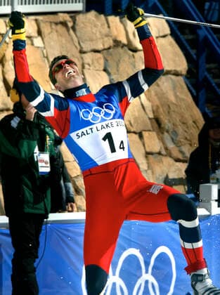 OLYMPIC LEGENDS: Thomas Alsgaard 020217 Winter Olympics 2002, Cross Country Skiing: Gold medalist Thomas Alsgaard of Norway reacts during the finish of relay 4x10 km at The Winter Olympic Games, Olympische Spiele, Olympia, OS on February 17, 2002 in Salt Lake City, USA. BILDBYRAN  Copyright: NIKLASxLARSSON BB020217NL043