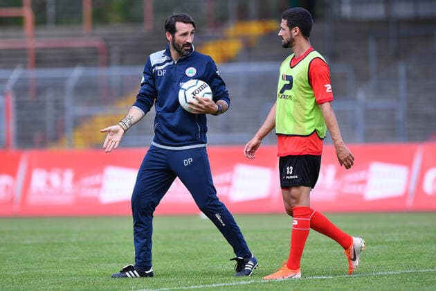 Football Regional League Relay West Training Kick-off Red White Oberhausen on 15 07 2020 at the Niederrhein Stadium in Oberhausen Dimitrios Pappas Coach Head Coach Oberhausen , left Dominik Reinert Oberhausen , right xRx