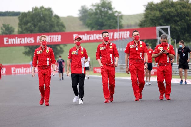 Formula 1 Hungarian Grand Prix Grand Prix 2020 16 07 2020, Hungaroring, Budapest, Formula 1 Hungarian Grand Prix Grand Prix 2020, in the picture Sebastian Vettel GER 5 , Scuderia Ferrari is going around the track with its engineers nordphotoxBratic nph00250