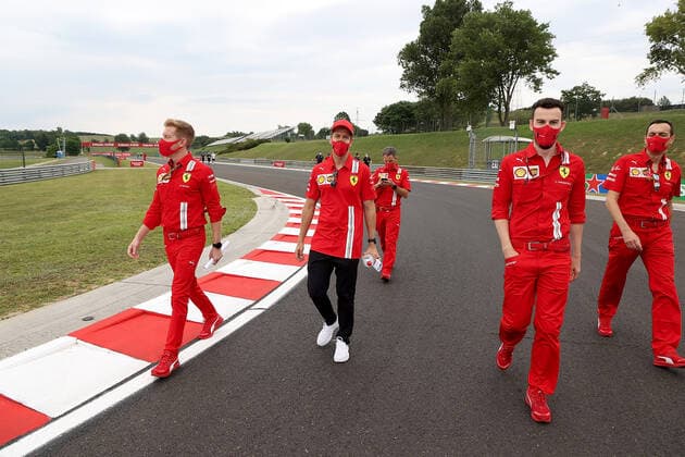 Formula 1 Hungarian Grand Prix Grand Prix 2020 16 07 2020, Hungaroring, Budapest, Formula 1 Hungarian Grand Prix Grand Prix 2020, in the picture Sebastian Vettel GER 5 , Scuderia Ferrari is going around the track with its engineers nordphotoxBratic nph00250