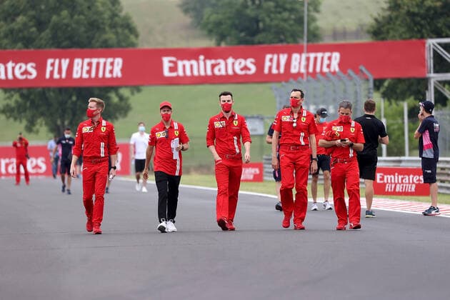 Formula 1 Hungarian Grand Prix Grand Prix 2020 16 07 2020, Hungaroring, Budapest, Formula 1 Hungarian Grand Prix Grand Prix 2020, in the picture Sebastian Vettel GER 5 , Scuderia Ferrari is going around the track with its engineers nordphotoxBratic nph00250