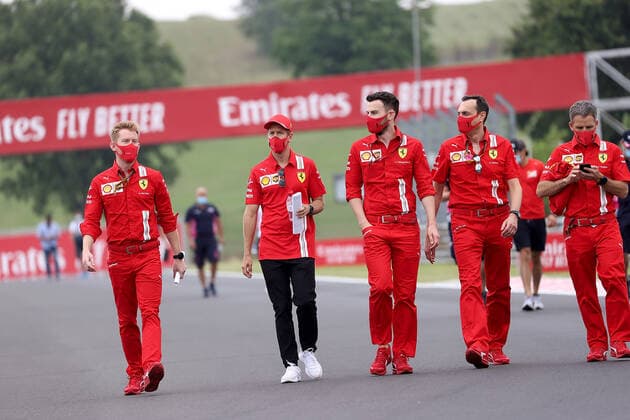 Formula 1 Hungarian Grand Prix Grand Prix 2020 16 07 2020, Hungaroring, Budapest, Formula 1 Hungarian Grand Prix Grand Prix 2020, in the picture Sebastian Vettel GER 5 , Scuderia Ferrari is going around the track with its engineers nordphotoxBratic nph00250