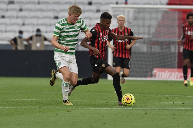 Hicham Boudaoui (nice) vs Scott Reobertson (celtic) FOOTBALL : OGC Nice vs Celtic FC - Trophee Veolia - 16 07 2020 FredericChambert Panoramic 