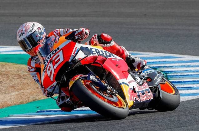 MotoGP, GP Spanien in Jerez Spanish MotoGP rider Marc Marquez, of Repsol Honda team, takea part in a free training session ahead of Spain GP race at Circuito de Jerez-Angel Nieto circuit in Jerez de la Frontera, southern Spain, 18 July 2020. The race will be held on 19 July behind closed doors due to COVID-19 disease. Spain GP trainings !ACHTUNG: NUR REDAKTIONELLE NUTZUNG!  Copyright: xRomanxRiosx GRAFAND430 20200718-637306770472146278