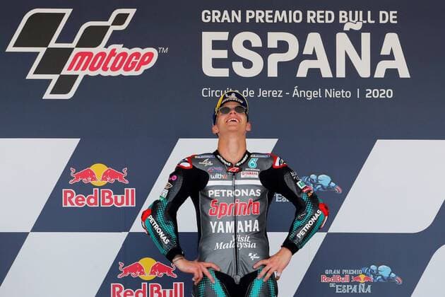 Bilder des Jahres 2020, Sport 07 Juli Sport Themen der Woche KW29 French MotoGP rider Fabio Quartararo (C), of Petronas Yamaha SRT team, celebrates on podium after he won Spain GP race at Circuito de Jerez-Angel Nieto circuit in Jerez de la Frontera, southern Spain, 19 July 2020. The race was held behind closed doors due to COVID-19 disease. Spain GP race !ACHTUNG: NUR REDAKTIONELLE NUTZUNG!  Copyright: xRomanxRiosx GRAFAND551 20200719-637307696174383343