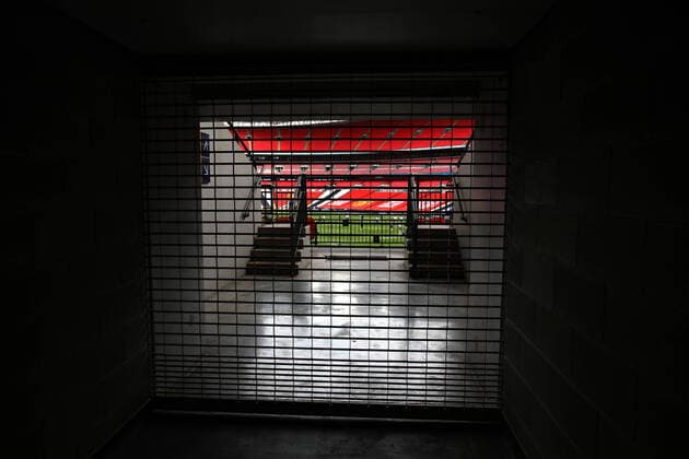 A general view behind a closed-off entrance to the Emirates FA Cup Semi-Final match Chelsea v Manchester United, ManU at Wembley Stadium, London, UK on July 19, 2020. The match is being played behind closed doors because of the current COVID-19 Coronavirus pandemic, and government social distancing lockdown restrictions. 