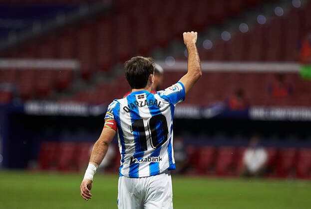 Real Sociedad s Mikel Oyarzabal reacts during La Liga match round 38 between Atletico de Madrid and Real Sociedad at Wanda Metropolitano Stadium in Madrid, Spain, as the season resumed following a three-month absence due to the novel coronavirus COVID-19 pandemic. Jul 19, 2020. (20200719140)
