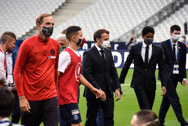 Emmanuel Macron ( president de la Republique ) - Nasser Al Khelaifi ( president PSG ) - Thomas Tuchel ( entraineur PSG ) - FOOTBALL : Paris Saint Germain vs AS Saint Etienne - Finale Coupe de France - Saint Denis - 24 07 2020 FedericoPestellini Panoramic 