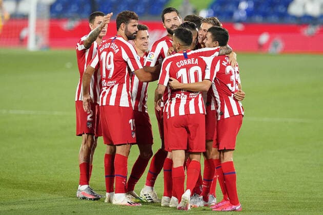 Atletico de Madrid s Felipe Augusto, Angel Correa, Saul Niguez, Diego Costa, Marcos Llorente and Manu Sanchez celebrate goal during La Liga match. July 16,2020. (20200716621)