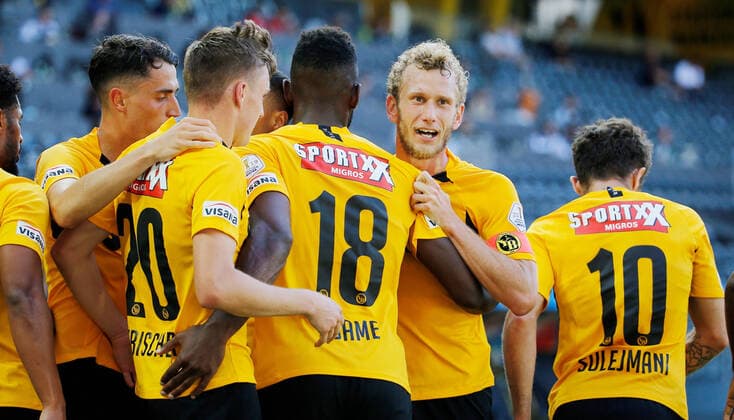 Photo Manuel Geisser 26 7 2020 Bern Wankdorf Stadium Bern Season 2019 2020 Mens Football Super League BSC Young Boys Bern FC Lucerne Goal celebration Jean Pierre Nsame Fabian Lustenberger Young Boys