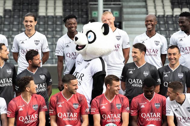 Eupen s mascot (C) and Eupen s players pose for the photographer, in marge of the 2020-2021 photoshoot of Belgian Jupiler Pro League club KAS Eupen, Monday 27 July 2020 in Eupen. BRUNOxFAHY  x05830472x
