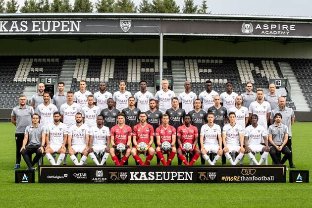 (upper row L-R) warehouse man Scott Nicoll, physiotherapist Jose Luis Rubio, Nils Schouterden, Sibiry Keita, new player Marciano Aziz, Emmanuel Sowah, Andreas Beck, Knowledge Musona, Carlos Embalo, Ignace Ndri, physiotherapist Daniel Salazar, physiotherapist Javier Perez, (middle row L-R) team manager Michael Radermacher, Senna Miangue, Menno Koch, Boris Lambert, Ibrahim Diallo, physical coach Thibaut Meyer, assistant coach (T2) Manel Exposito, head coach Benat San Jose, physical coach Gaston Lloveras, goalkeeper coach Mauro Machado, player Jonathan Heris, Leonardo Rocha, warehouse man Jens Leys, (lower row L-R) Eupens s warehouse man Cyrile Vilvorder, Benoit Poulain, Jordi Amat, Silas Gnaka, goalkeeper Romain Matthys, new goalkeeper Theo Defourny, goalkeeper Ortwin De Wolf, goalkeeper Abdul Manaf Nurudeen, Jens Cools, Stef Peeters, new player Amara Baby and Doctor Alejandro Alvarez pose for the photographer, in marge of the 2020-2021 photoshoot of Belgian Jupiler Pro League club KAS Eupen, Monday 27 July 2020 in Eupen. BRUNOxFAHY  x05830470x
