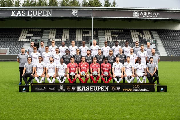Up row:, warehouse man Scott Nicoll, physiotherapist Jose Luis Rubio, Nils Schouterden, Sibiry Keita, new player Marciano Aziz, Emmanuel Sowah, Andreas Beck, Knowledge Musona, Carlos Embalo, Ignace Ndri, physiotherapist Daniel Salazar, physiotherapist Javier Perez, Mid row:, team manager Michael Radermacher, Senna Miangue, Menno Koch, Boris Lambert, Ibrahim Diallo, physical coach Thibaut Meyer, assistant coach (T2) Manel Exposito, head coach Benat San Jose, physical coach Gaston Lloveras, goalkeeper coach Mauro Machado, player Jonathan Heris, Leonardo Rocha, warehouse man Jens Leys, front row:, Eupens s warehouse man Cyrile Vilvorder, Benoit Poulain, Jordi Amat, Silas Gnaka, goalkeeper Romain Matthys, new goalkeeper Theo Defourny, goalkeeper Ortwin De Wolf, goalkeeper Abdul Manaf Nurudeen, Jens Cools, Stef Peeters, new player Amara Baby and Doctor Alejandro Alvarez pose for the photographer, in marge of the 2020-2021 photoshoot of Belgian Jupiler Pro League club KAS Eupen, Monday 27 July 2020 in Eupen. BRUNOxFAHY  x05830512x