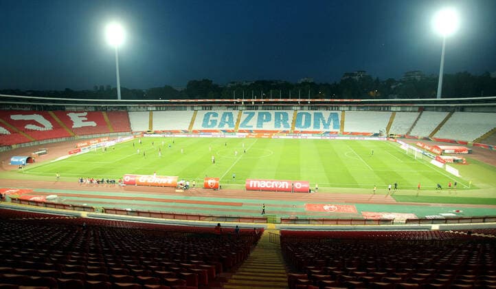 28.07.2020 Belgrade(Serbia) FK Crvena Zvezda(FC Red Star)-FK Borac Banja Luka International Friendly, Länderspiel, Nationalmannschaft match men s football Empty stadium Rajko Mitic before start of qualifications for champions league without fans during new coronavirus covid-19 measures.UEFA considering playing of Champions League and Europa League qualifications on Cyprus.For countries affected severe infection of covid-19 : 