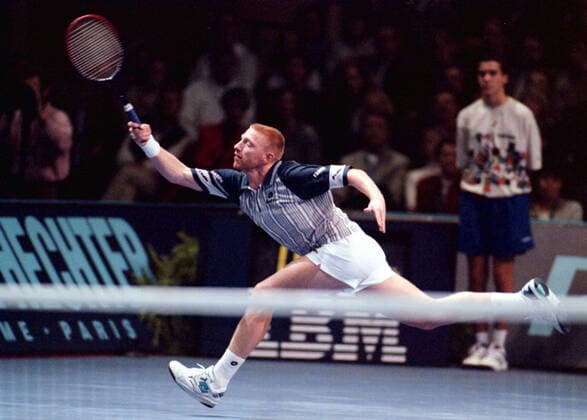 Boris Becker in action 1 1995 Frankfurt exhibition hall Boris Becker in action at the ATP final, TE191195Becker01 jpg, Frankfurt Germany , Copyright: xHardtx