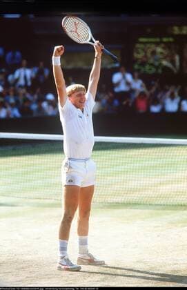 Boris Becker Wimbledon 1985 England Lawn Tennis Club, Wimbledon 1985 Boris Becker cheers on the center court of Wimbledon after his 1985 victory, TE070785Becker02 jpg, Wimbledon England , Copyright: xThomasxExlerx