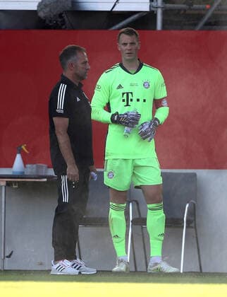 Test match FC Bayern Muenchen Olympique Marseille Hansi Flick Trainer head coach of FC Bayern Muenchen with Manuel Neuer 1 of FC Bayern Muenchen Test match Audi Football Summit FC Bayern Muenchen Olympique Marseille on FC Bayern Campus Season preparation 2020 2021 Photo Stefan Matzke sampics Pool Only for journalistic purposes Only for editorial use DFL regulations prohibit any use of photographs as image sequences and or quasi video Munich Bavaria Germany Poolfoto Stefan Matzke sampics Pool ,EDITORIAL USE ONLY