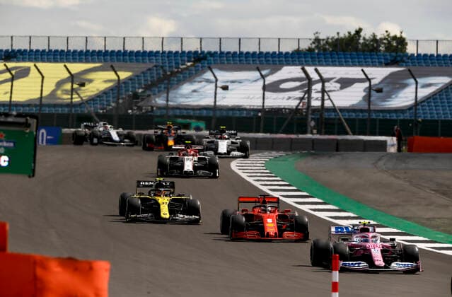 Motorsports FIA Formula One World Championship 2020, Grand Prix of Great Britain, 18 Lance Stroll CAN, BWT Racing Point F1 Team , 5 Sebastian Vettel GER, Scuderia Ferrari Mission Winnow , 31 Esteban Ocon FRA, Renault DP World F1 Team , Silverstone Great Britain
