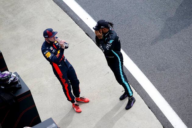 Motorsports FIA Formula One World Championship 2020, Grand Prix of Great Britain, 33 Max Verstappen NLD, Aston Martin Red Bull Racing , 44 Lewis Hamilton GBR, Mercedes AMG Petronas Formula One Team , Silverstone Great Britain