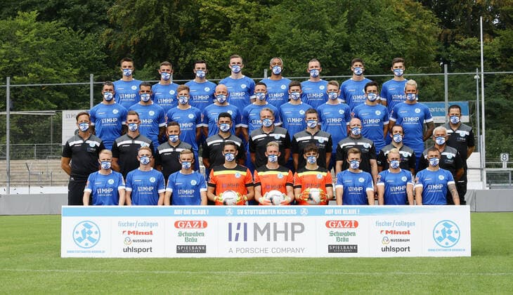 03 08 2020, Stuttgart , Oberliga , Photo session Stuttgarter Kickers , Team photo 2020 2021 , 4 Row from below from left Theo Rieg David Braig Bleron Visoka Niklas Kolbe Ruben Reisig Mijo Zunjic Tino Jukic Robin Schwemmle 3 Row from below from left Cristian Giles Dens Zagaria Nico Blank Lukas Kling Noah Lulic Nick Rudloff Niklas benkeser Marcelo Freitas Markus Obernosterer 2 Row from below from left Coach Ramon Gehrmann Yannick Dreyer Mustafa Ural Ümit Sahin Lutz Siebrecht Patrick Rost Adrian Fleuchaus Sascha Weininger Willi Mast Dieter Kerschbaum 1 row from below from left Marvin Weiss Marian Riedinger Benedickt Landwehr Thomas Bromma Tobias Trautner Maximilian otto David Kammenbauer Malte Moos Niko Dobros