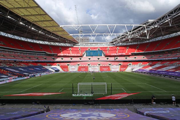 Football - 2020 Emirates Heads Up FA Cup Final - Arsenal vs. Chelsea A wide view of the ground with the empty stands, at Wembley Stadium. The match is being played behind closed doors because of the current COVID-19 Coronavirus pandemic, and government social distancing lockdown restrictions. 