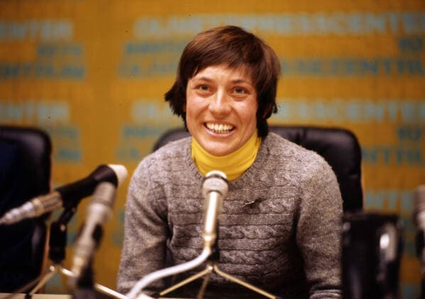 02.02.76 Olympia Innsbruck Österreich, Innsbruck, 02.02.1976, Winter Olympia 1976 in Innsbruck: Rosi Mittermaier auf einer Pressekonferenz. *** 02 02 76 Olympia Innsbruck Austria, Innsbruck, 02 02 1976, Winter Olympia 1976 in Innsbruck Rosi Mittermaier at a press conference