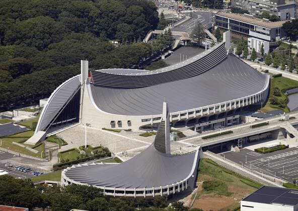 Tokyo Olympic and Paralympic venue: Yoyogi National Stadium Photo taken Aug. 4, 2020, from a Kyodo News helicopter shows Yoyogi National Stadium in Tokyo, which is scheduled to host handball during the Olympics and wheelchair rugby and badminton during the Paralympics, postponed to 2021 due to the coronavirus pandemic. 