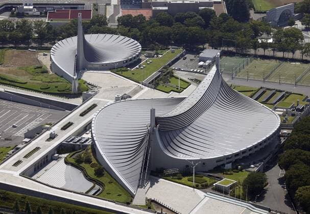 Tokyo Olympic and Paralympic venue: Yoyogi National Stadium Photo taken Aug. 4, 2020, from a Kyodo News helicopter shows Yoyogi National Stadium in Tokyo, which is scheduled to host handball during the Olympics and wheelchair rugby and badminton during the Paralympics, postponed to 2021 due to the coronavirus pandemic. 