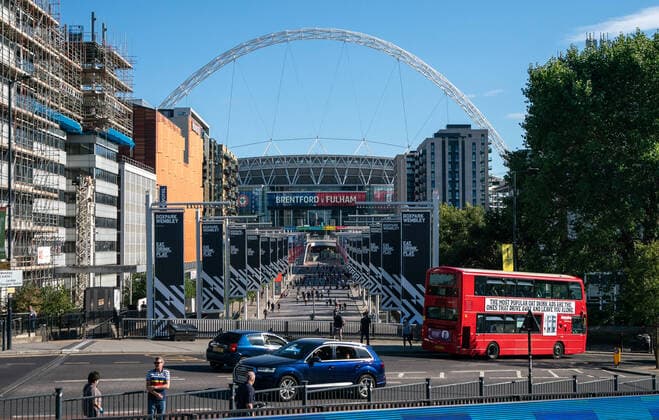 General view outside the stadium pre match during the Sky Bet Championship Play-Off Final match between Brentford and Fulham at Wembley Stadium, London, England on 4 August 2020. Football Stadiums remain empty due to the Covid-19 Pandemic as Government social distancing laws prohibit supporters inside venues resulting in all fixtures being played behind closed doors until further notice. Copyright: xAndrewxRowlandx PMI-3549-0006
