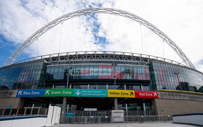 General view outside the stadium pre match during the Sky Bet Championship Play-Off Final match between Brentford and Fulham at Wembley Stadium, London, England on 4 August 2020. Football Stadiums remain empty due to the Covid-19 Pandemic as Government social distancing laws prohibit supporters inside venues resulting in all fixtures being played behind closed doors until further notice. Copyright: xAndrewxRowlandx PMI-3549-0007