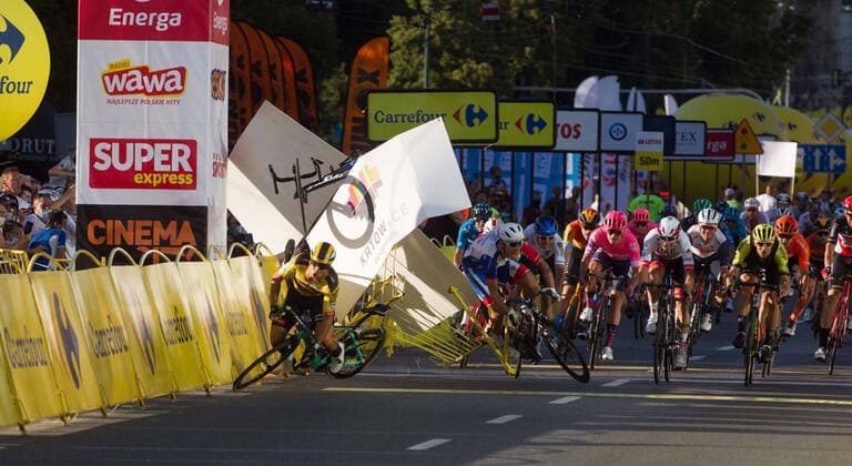 A tragic collision on the final stretch of the opening stage of the Tour de Pologne race A tragic collision on the final stretch of the opening stage of the Tour de Pologne race on August 05, 2020 in Katowice, Poland. The crash began with Dylan Groenewegen colliding with another Dutchman sprinting for the win, Fabio Jakobsen, who taken to hospital in serious condition and put into an induced coma. Jakobsen was declared the winner of the opening stage and Groenewegen was disqualified. EN_01440087_0002