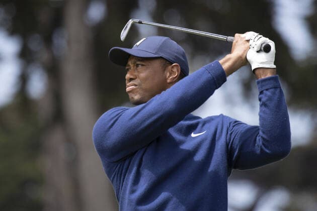 Tiger Woods tee s off on the 7th hole in the first round of the 102nd PGA, Golf Herren Championship at TPC Harding Park in San Francisco, California on Thursday, August 6, 2020. The PGA Championship was originally scheduled to begin May 14 but was rescheduled to be played in August and without spectators due to ongoing coronavirus pandemic concerns.  SFP20200806511 PETERxDASILVA