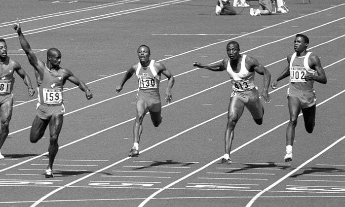 Men s 100m sprint final at 1988 Seoul Olympics File photo shows Canadian sprinter Ben Johnson (159) finishing first in the men s 100-meter final at the Seoul Olympics in 1988. Johnson was later stripped of his gold medal for a doping violation, and the gold was given to Carl Lewis (102) of the United States instead. 