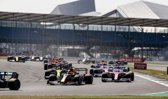 Motorsports FIA Formula One World Championship 2020, Grand Prix of 70th Anniversary, 33 Max Verstappen NLD, Aston Martin Red Bull Racing , 27 Nico Hulkenberg GER, BWT Racing Point F1 Team , 3 Daniel Ricciardo AUS, Renault DP World F1 Team , 18 Lance Stroll CAN, BWT Racing Point F1 Team , Silverstone Great Britain