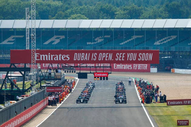Motorsports FIA Formula One World Championship 2020, Grand Prix of 70th Anniversary, Start, 77 Valtteri Bottas FIN, Mercedes AMG Petronas Formula One Team , 44 Lewis Hamilton GBR, Mercedes AMG Petronas Formula One Team , 33 Max Verstappen NLD, Aston Martin Red Bull Racing , 27 Nico Hulkenberg GER, BWT Racing Point F1 Team , 3 Daniel Ricciardo AUS, Renault DP World F1 Team , 18 Lance Stroll CAN, BWT Racing Point F1 Team , Silverstone Great Britain