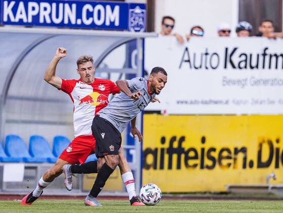 08 08 2020, Alois Latini Stadium, Zell am See, AUT, Test match, FC Red Bull Salzburg vs OGC Nice, in the picture Peter Pokorny FC Red Bull Salzburg , Alexis Claude Maurice OGC Nice during the Friendly Football Match between FC Red Bull Salzburg and OGC Nice at the Alois Latini Stadium, Zell am See, Austria on 2020 08 08 Zell am See  EP_fei