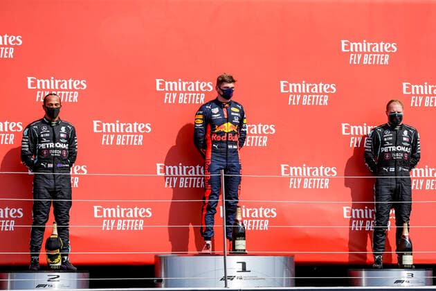 Motorsports FIA Formula One World Championship 2020, Grand Prix of 70th Anniversary, 44 Lewis Hamilton GBR, Mercedes AMG Petronas Formula One Team , 33 Max Verstappen NLD, Aston Martin Red Bull Racing , 77 Valtteri Bottas FIN, Mercedes AMG Petronas Formula One Team , Silverstone Great Britain