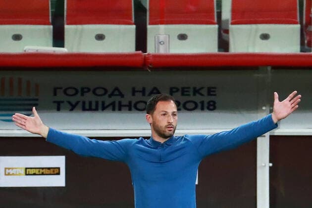 MOSCOW, RUSSIA - AUGUST 9, 2020: Spartak Moscow head coach Domenico Tedesco gestures during a 2020 2021 Russian Premier League Round 1 football match against FC Sochi at Otkritie Arena. The game ended in a 2-2 draw. Sergei Fadeichev TASS  TS0E2C40